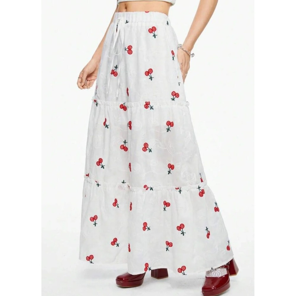 Ana & Rose White Cherry Embroidered Eyelet Tiered Maxi Skirt XL New with tags